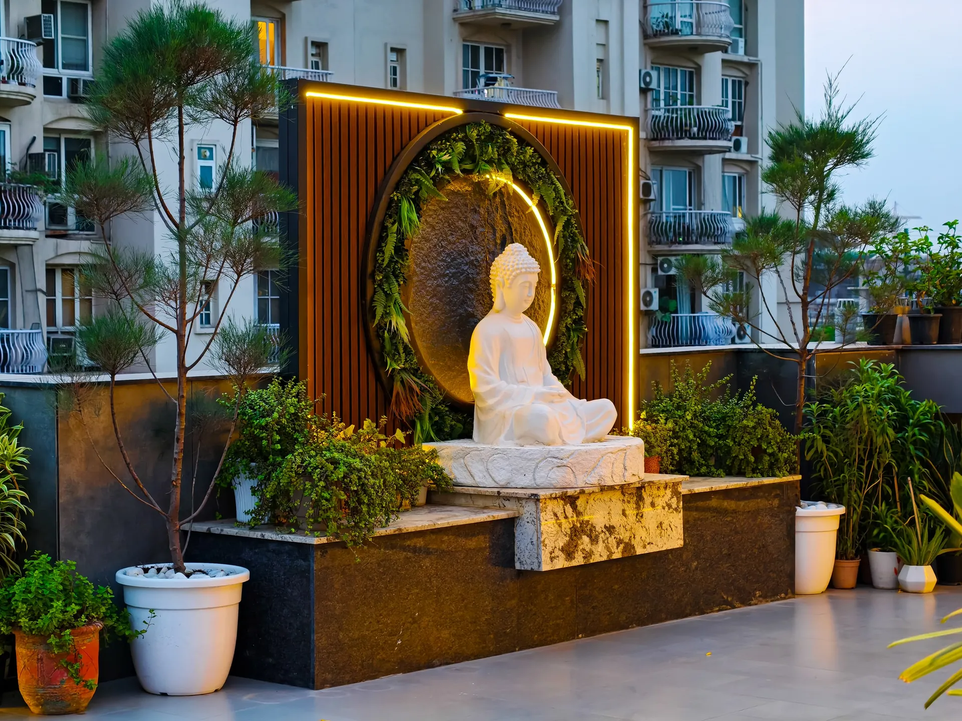 Buddha feature wall with planting on a finished LifeWall terrace